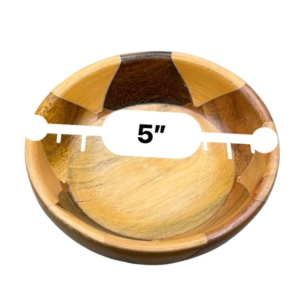 Vintage Patchwork Inlay Wood Bowl Geometric Mixed Tone Natural Wood Decor 5 Inch